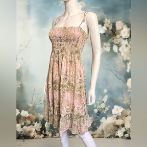 Vintage Y2K Da Nang Gauze Cotton Abstract Print Ruched Sun Dress Sz Medium